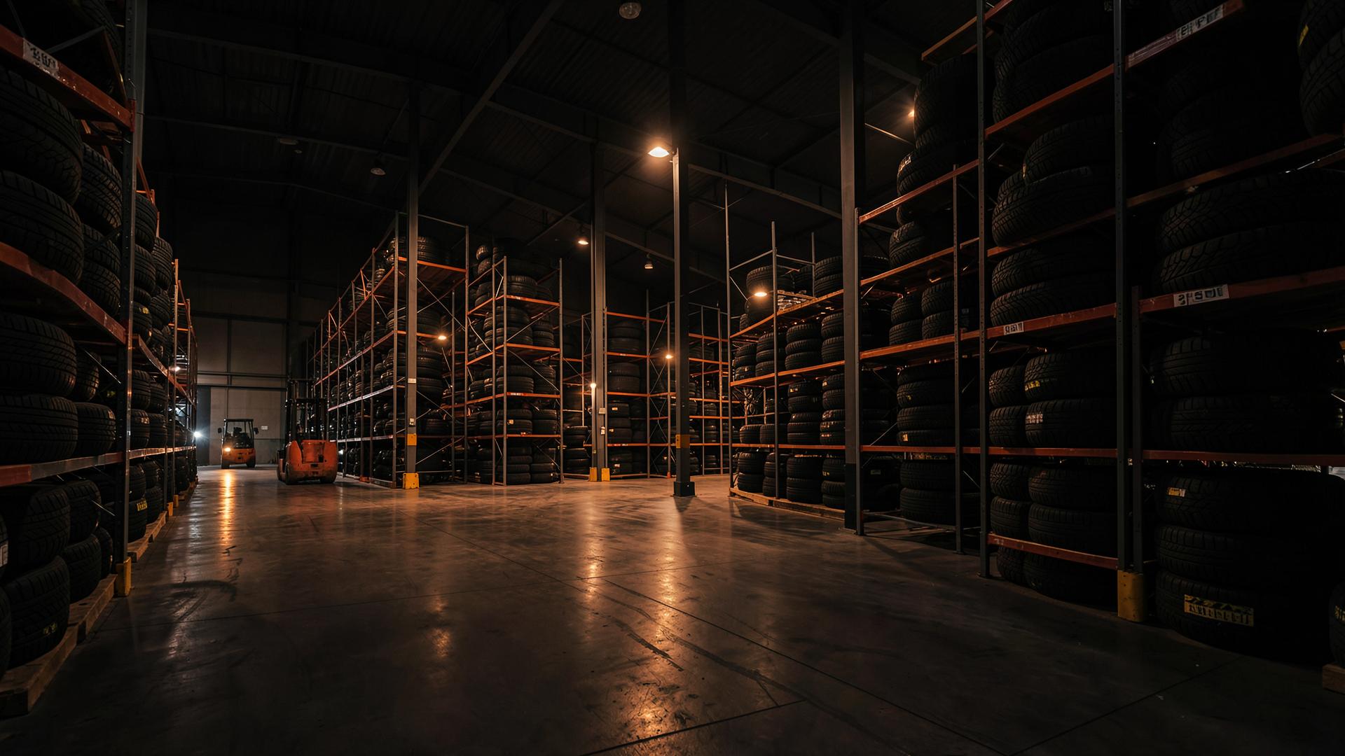 Rock Auto Depot tire warehouse at night with racked inventory