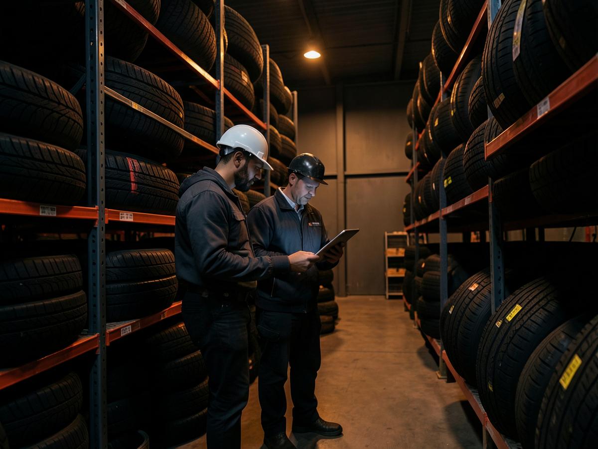 Warehouse team reviewing tire inventory on a tablet