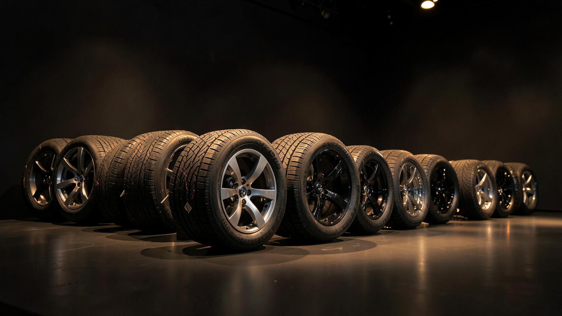 Row of passenger and SUV tires on display