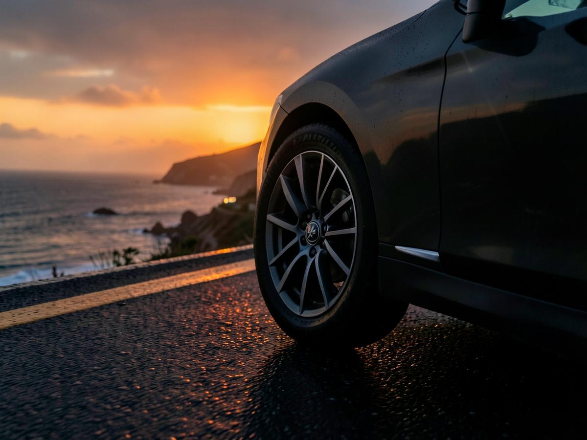 Passenger car with all-season touring tires on a coastal road