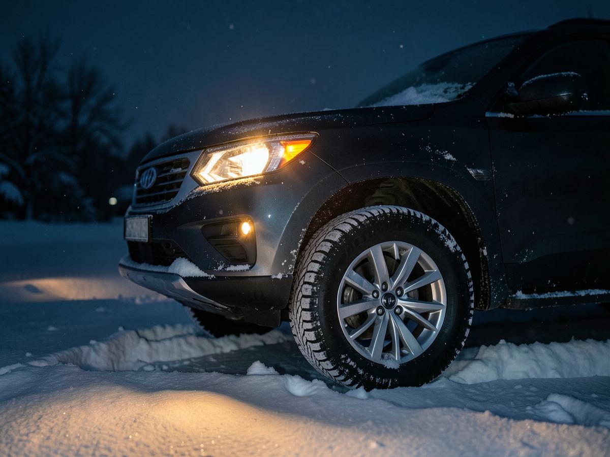 SUV with winter tires driving through snow at night