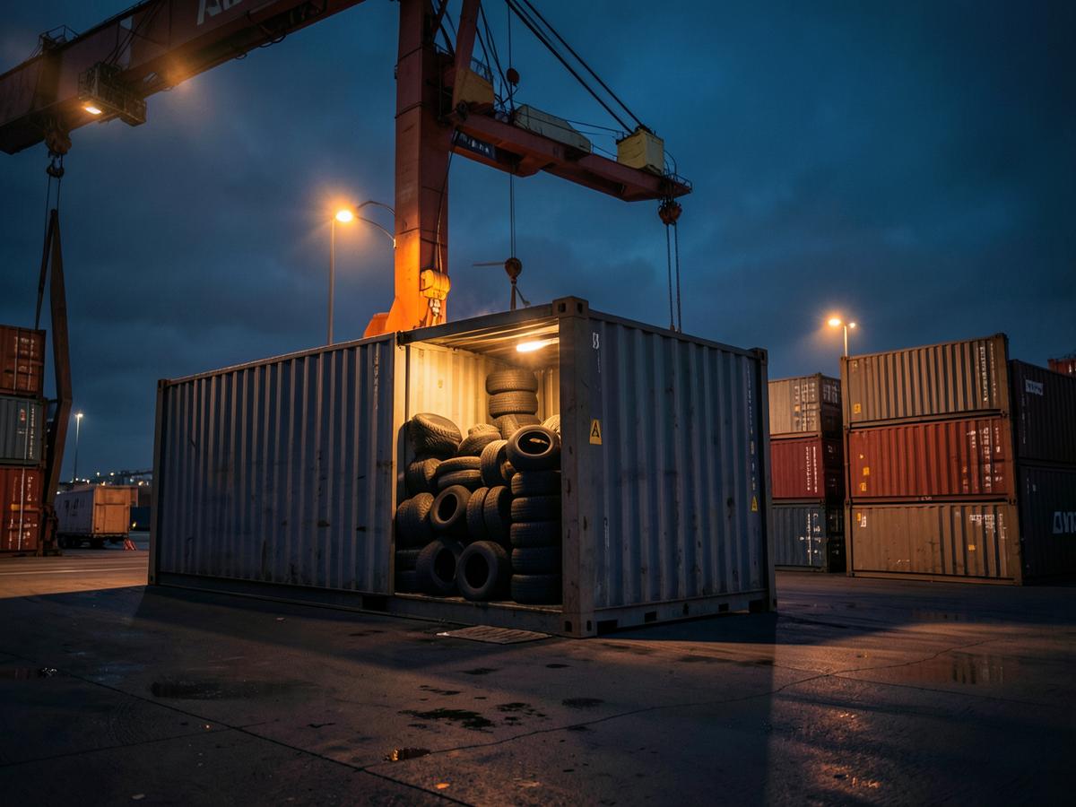 Shipping container loaded with tires at a port