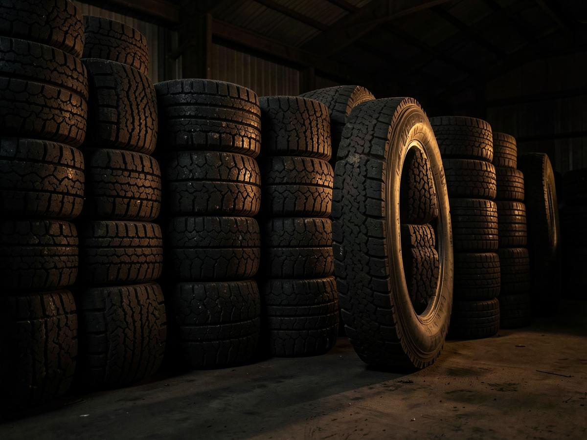 Stacks of commercial truck tires in a warehouse