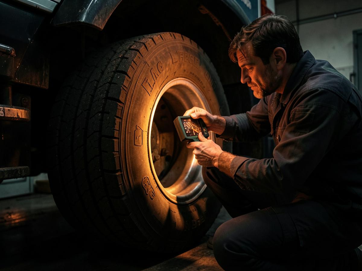 Technician inspecting a commercial truck tire